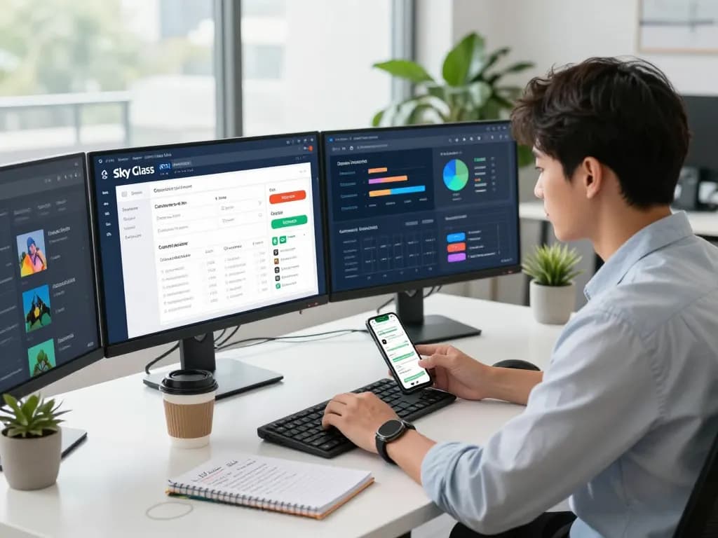 Entrepreneur using Sky Glass IPTV Reseller Panel dashboard in modern office setting, managing subscriptions and analytics.