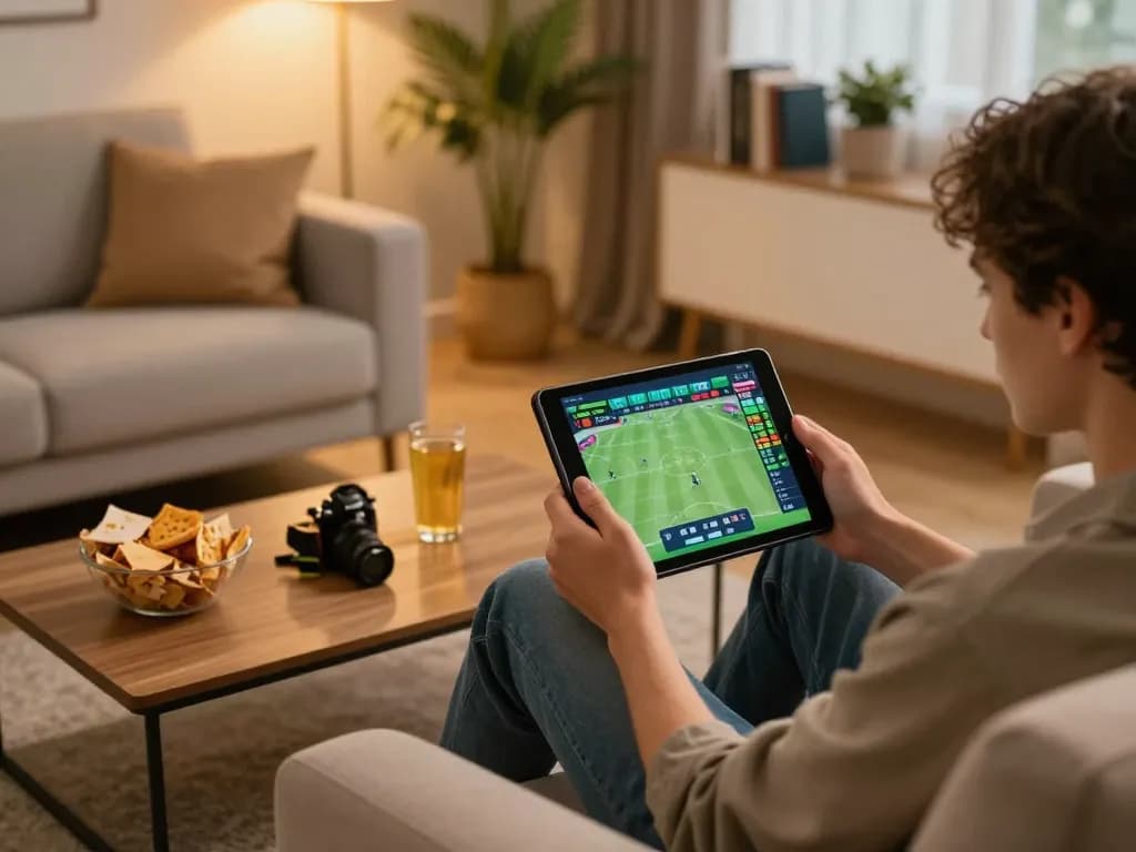 Bongdalu user engaging in online sports betting in a cozy, inviting home setting.