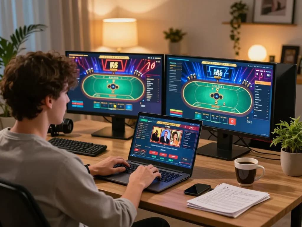 C168 player analyzing poker strategy on laptop, vibrant online gaming layout.