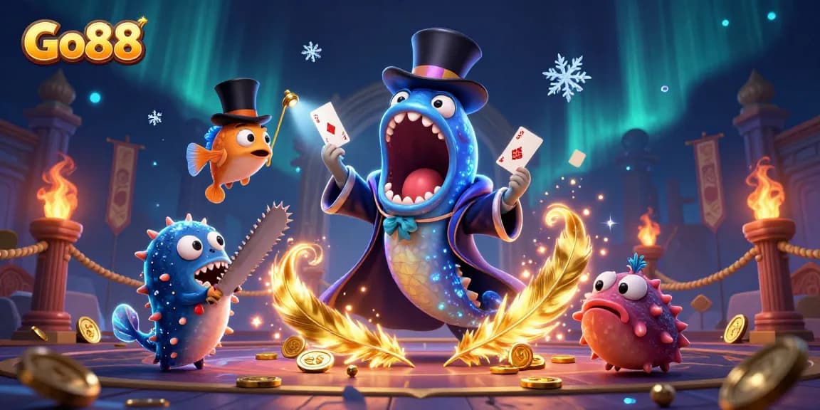 Go88 players experience magical card tricks and thrilling games in an immersive online casino scene.