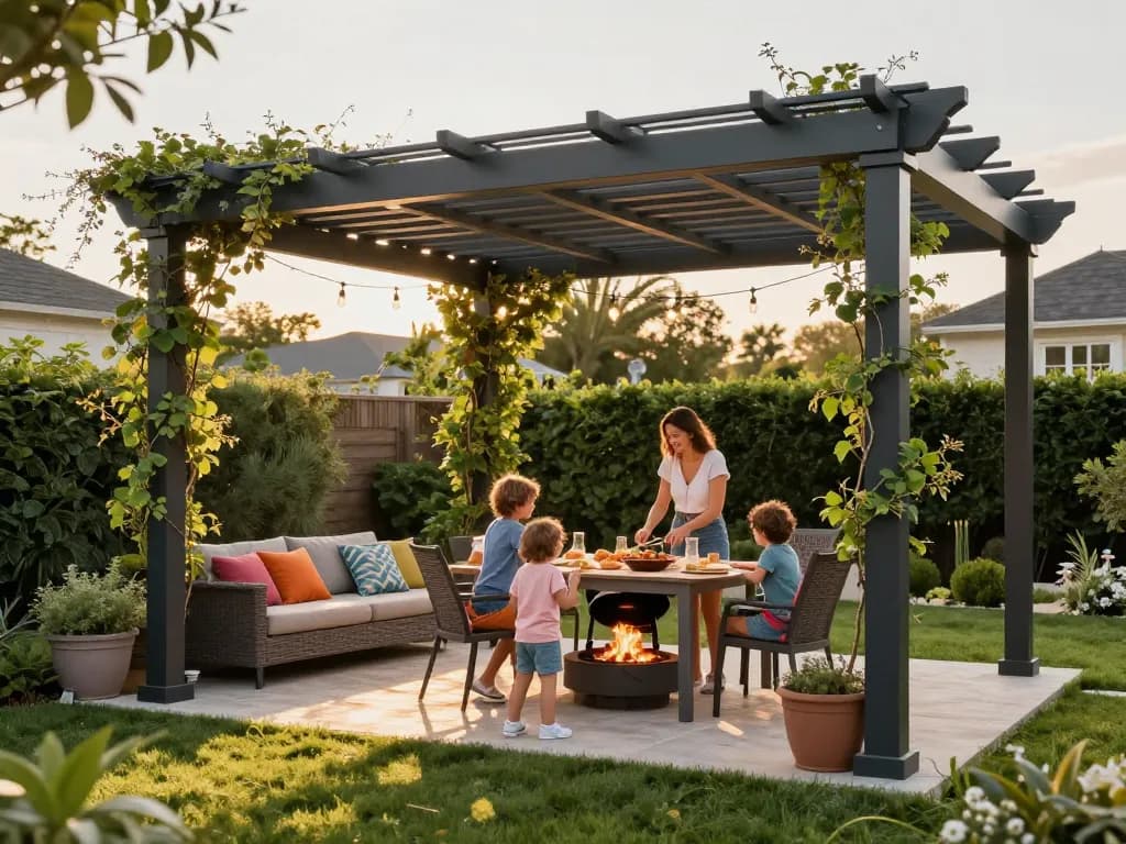 Family enjoying outdoor dining under a pergola configurator designed for shade and enjoyment.