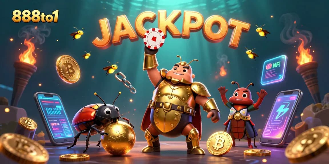 Win big at 888to1 with a champion beetle and glowing crypto coins celebrating jackpot!