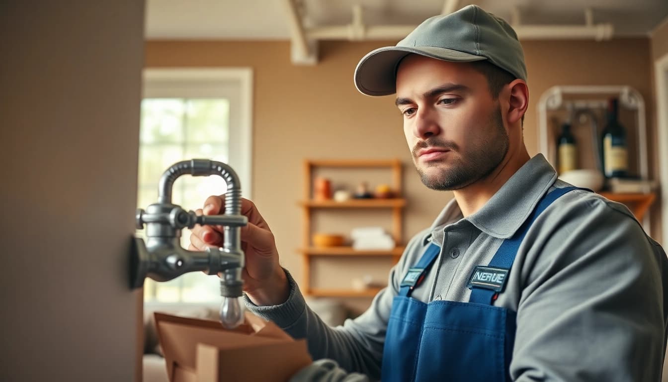 Plumber near me fixing a leaky faucet in a cozy home setting.