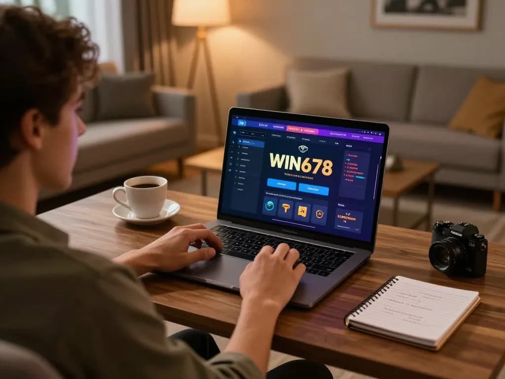 Player engaging with win678 online gaming interface at a cozy home desk setting