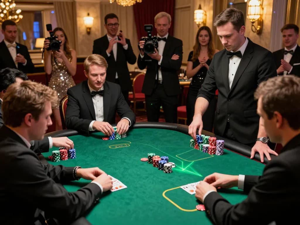 S666 poker tournament in a luxurious casino showcasing intense gameplay and enthusiastic spectators.