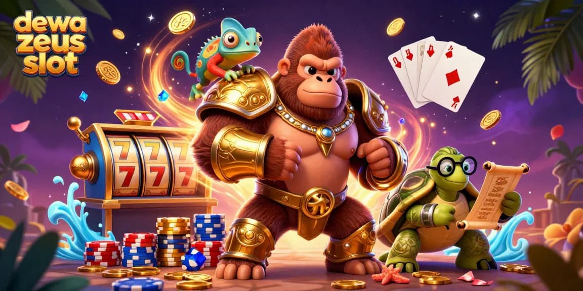 Experience the excitement of dewa zeus slot with a 3D gorilla king and vibrant casino elements.