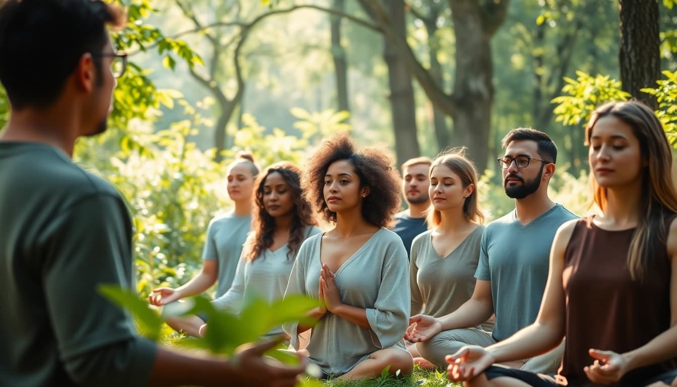 Meditation practice promoting mental wellness in a serene outdoor setting with diverse participants.