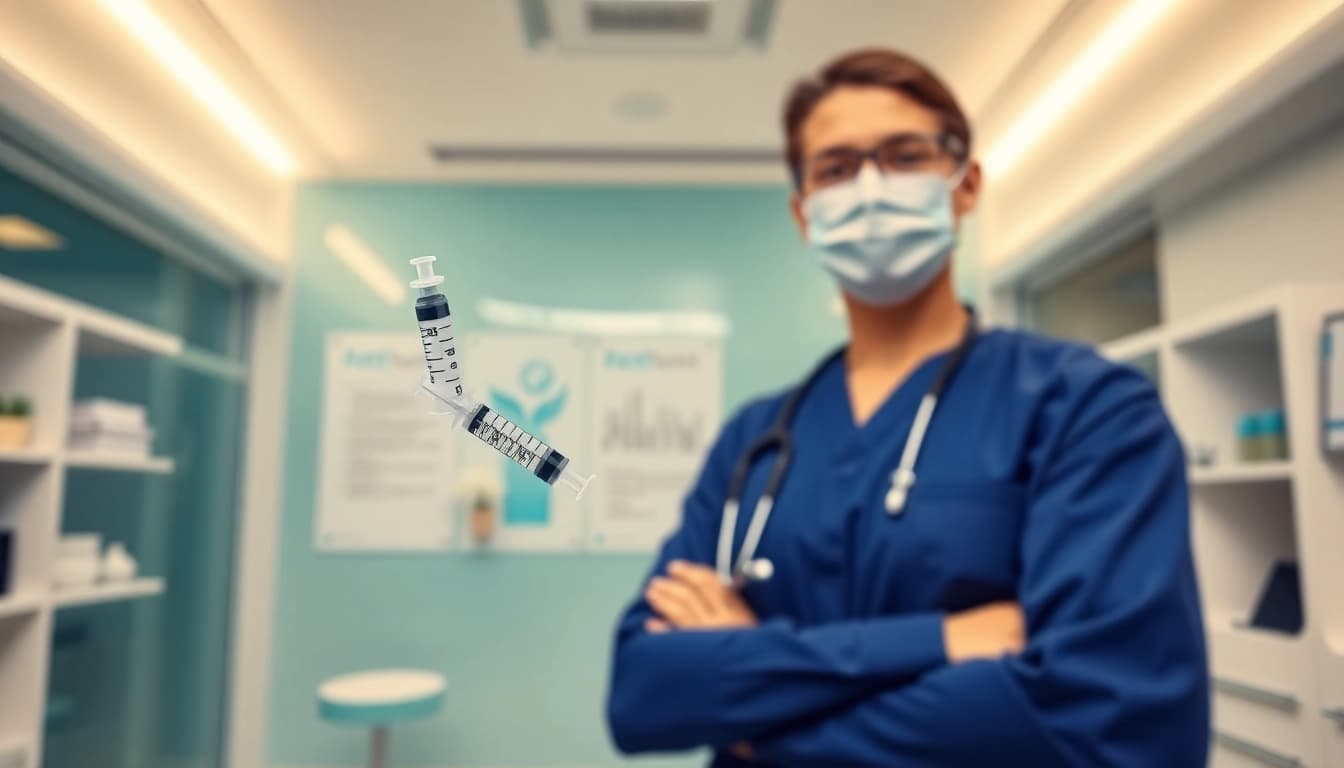 Retatrutide syringe displayed in a bright healthcare setting highlighting its therapeutic use.