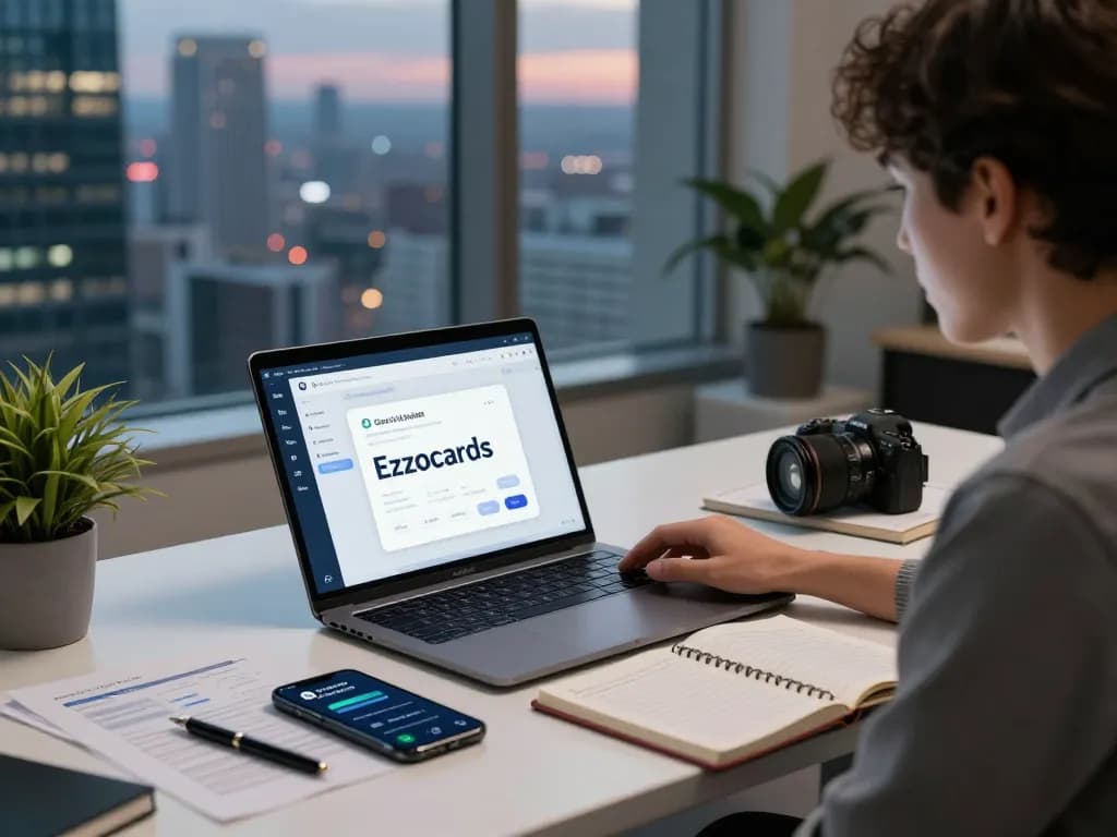 Ezzocards displayed on digital wallet application in a modern workspace, showcasing financial technology.