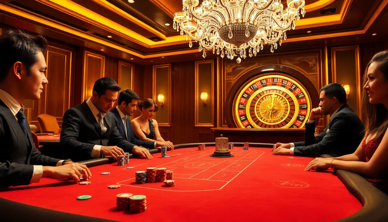 Excited players strategizing at a high-stakes poker table featuring 7m branding.