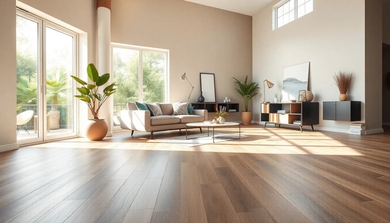 Elevated view of vinyl plank flooring in a modern living room showcasing its texture and elegance.