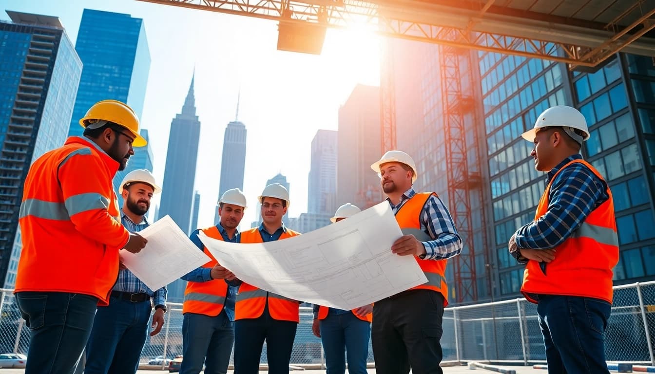 Dynamic scene featuring New York City Commercial General Contractor team engaged in project planning.