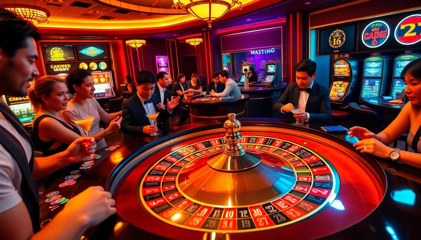 Experience the thrilling atmosphere of kuwin02 with casino games, roulette tables, and excited players.