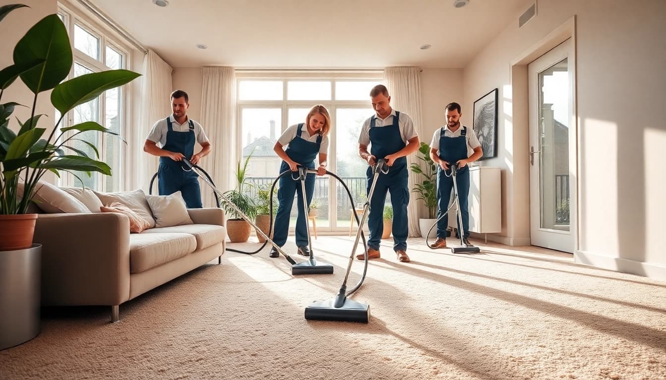 Carpet cleaners in Glasgow performing a deep clean in a bright, modern living room.