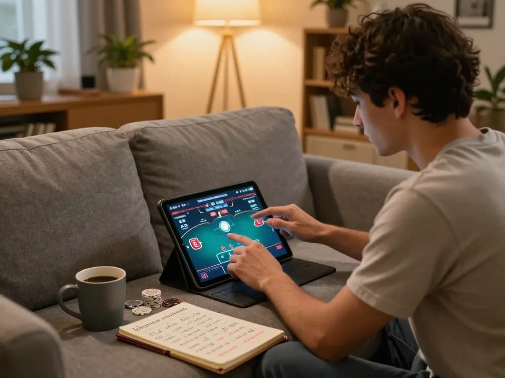 Player engaging in poker on tablet in a cozy home setting, accessing au88 com for an online gaming experience.