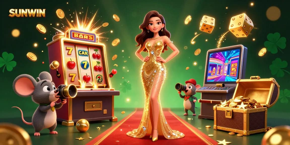 SUNWIN interactive gaming scene featuring slot machines, vibrant casino elements, and a glamorous character.