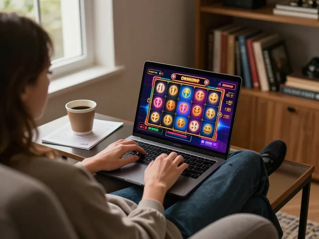 Playing slots on 77bet's online platform in a cozy home setting with strategic notes visible.