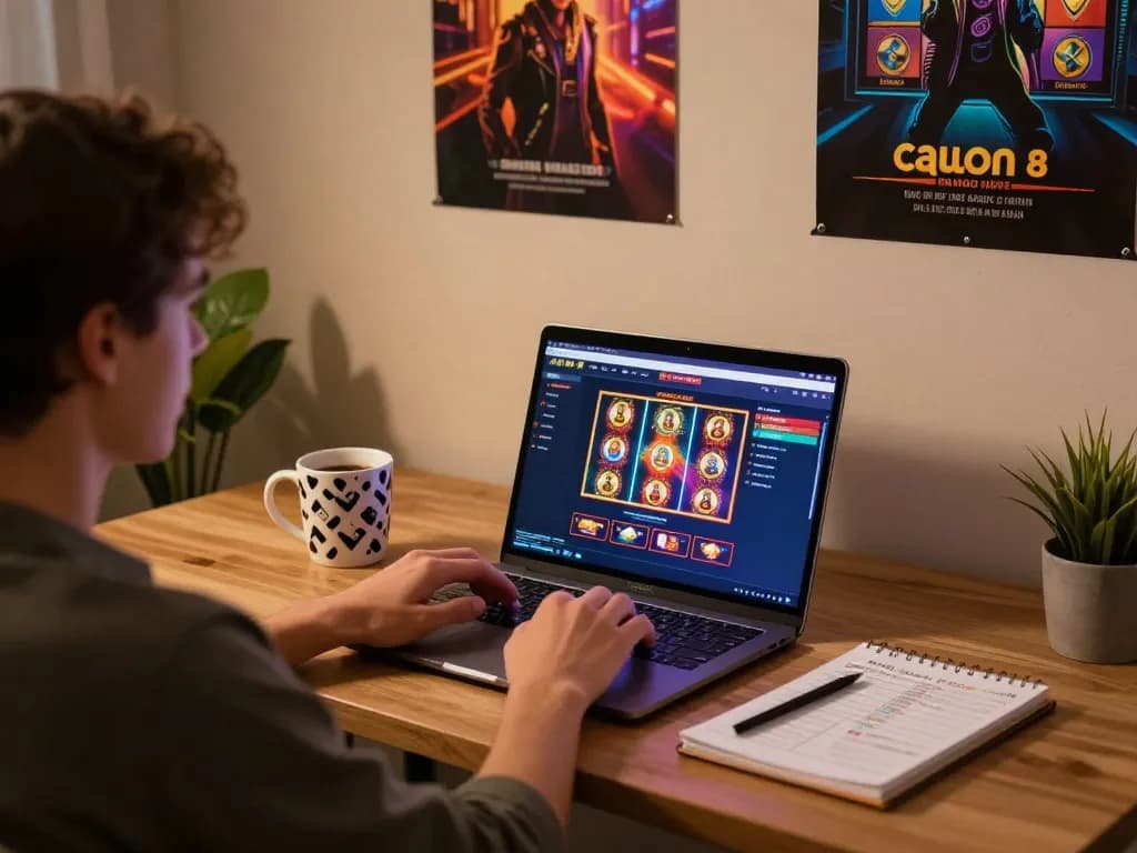 Player enjoying ALO8 online slots on a laptop at a cozy home desk, strategizing for better odds.