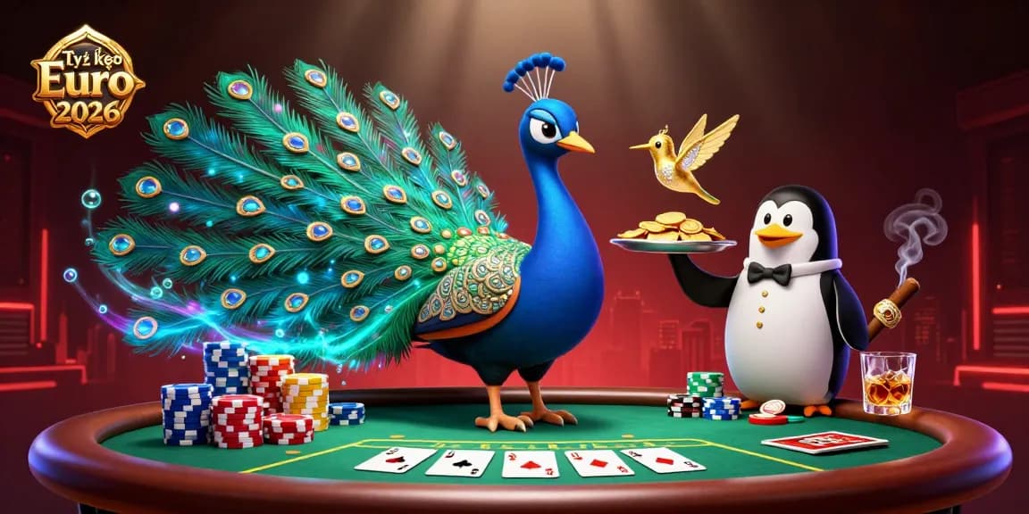 Tỷ lệ kèo Euro 2026 scene showcasing a peacock, penguin, and hummingbird at a lively poker table with vibrant game elements.
