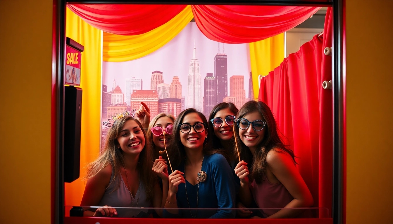 Engaging experience of photo booth rental Chicago with friends enjoying props and colorful backgrounds.