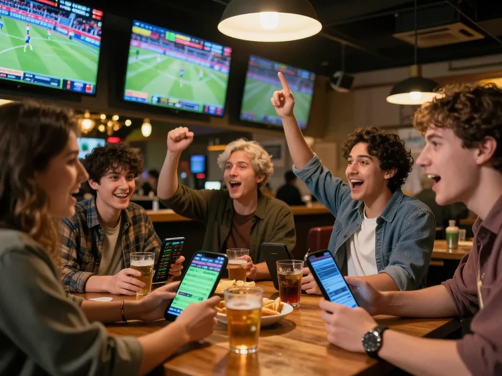 Group of friends engaging in sports betting at SHBET .COM, analyzing odds and watching live events