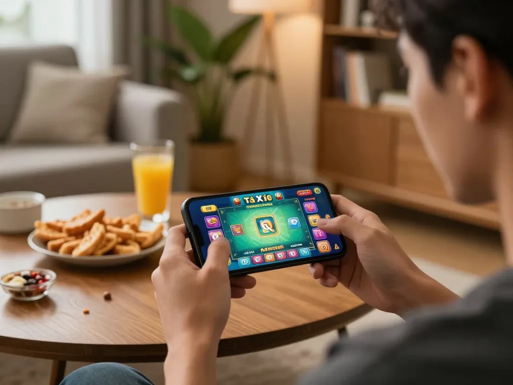 Player engaging with app tài xỉu online on smartphone, enjoying strategic gameplay in a cozy setting