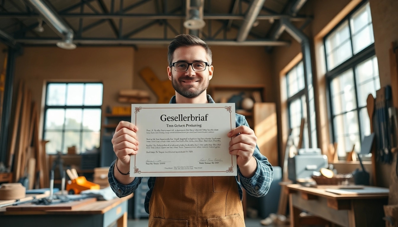 Skilled tradesman proudly displaying his gesellenbrief certificate in a professional workshop setting.