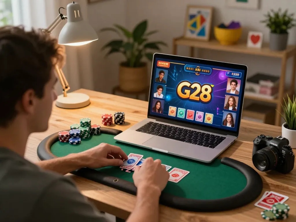 Engaging in a dynamic poker game using the G28 online platform in a modern home with inviting ambiance