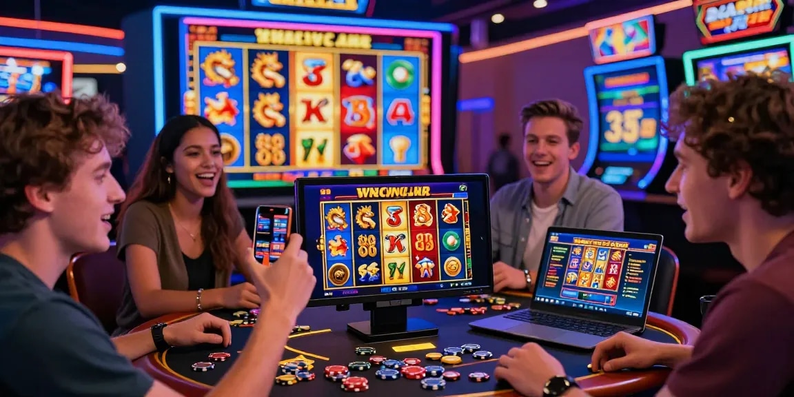 Player enjoying apk slot games in a lively virtual casino atmosphere with friends, capturing the excitement of winning jackpots.
