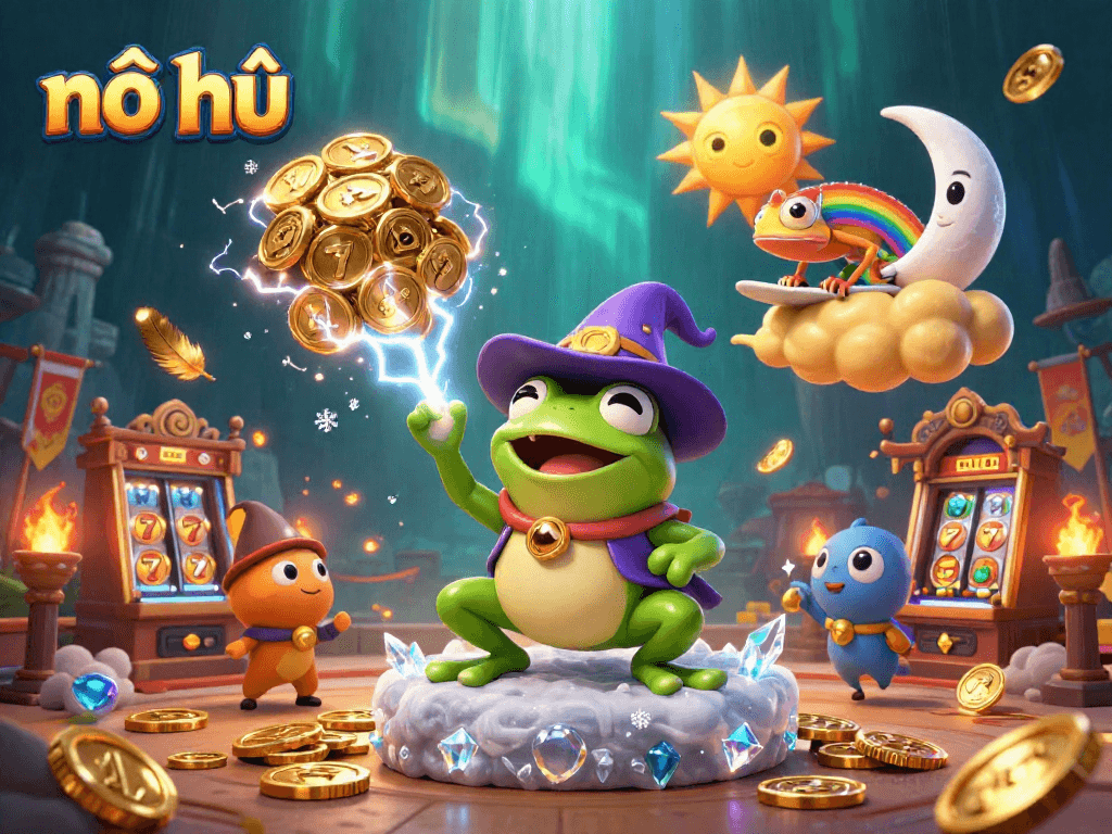 Nổ hũ creates a whirlwind of golden coins in this vibrant casino-themed illustration.