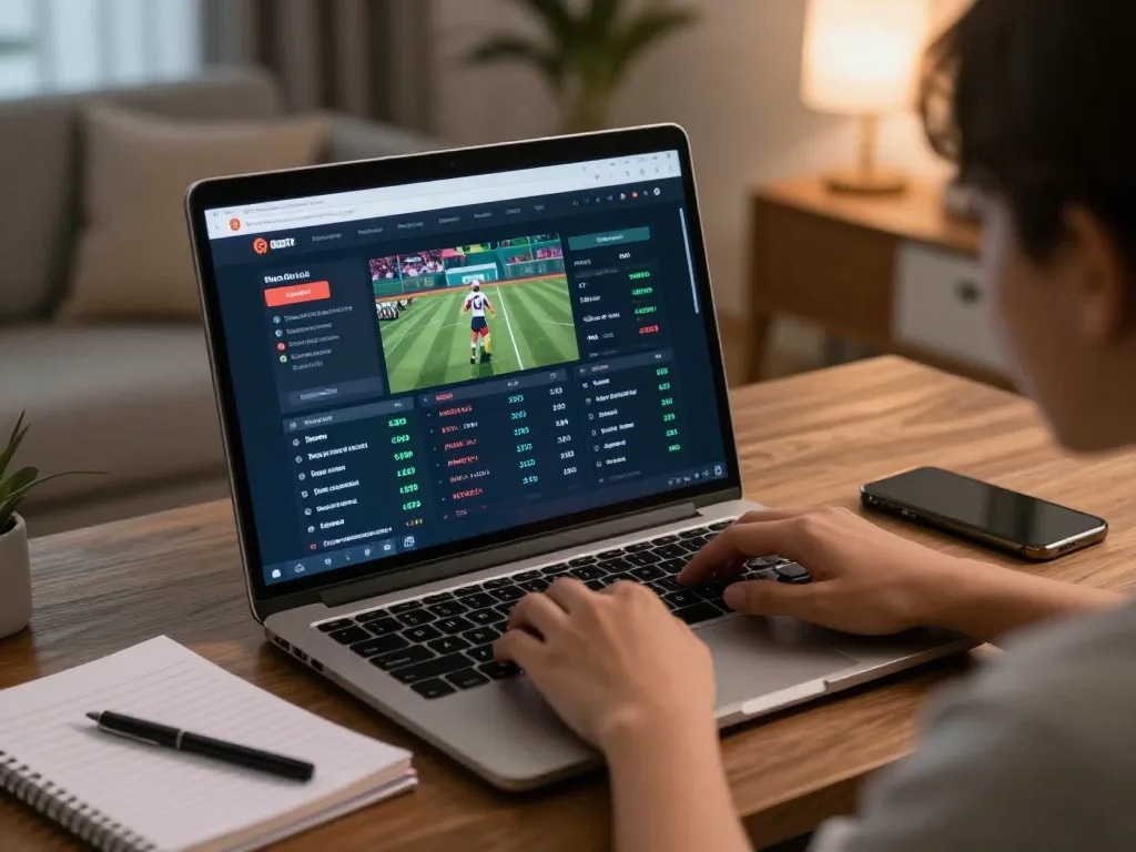 Engaging scene of sports betting on keo nha cai platform, user analyzing odds comfortably at home