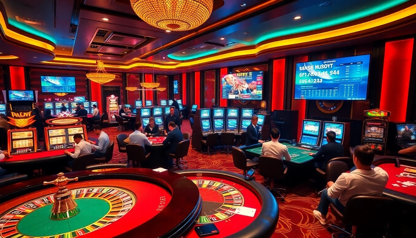 Exciting gambling scene at https://f168.news/ featuring poker tables and vibrant slot machines.