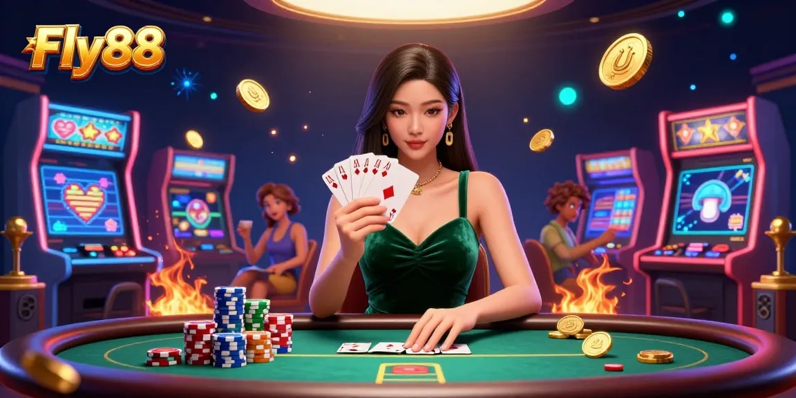 Playing at Fly88, an Asian woman in a velvet dress holds poker cards at a casino table.
