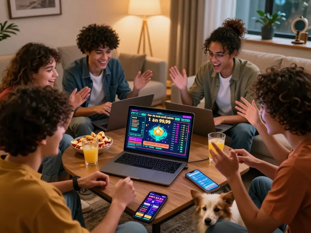 Lô đề online - Top 10+ trang đánh đề online tỷ lệ 1 ăn 99,99 scene with friends engaging in online betting, joyful atmosphere.