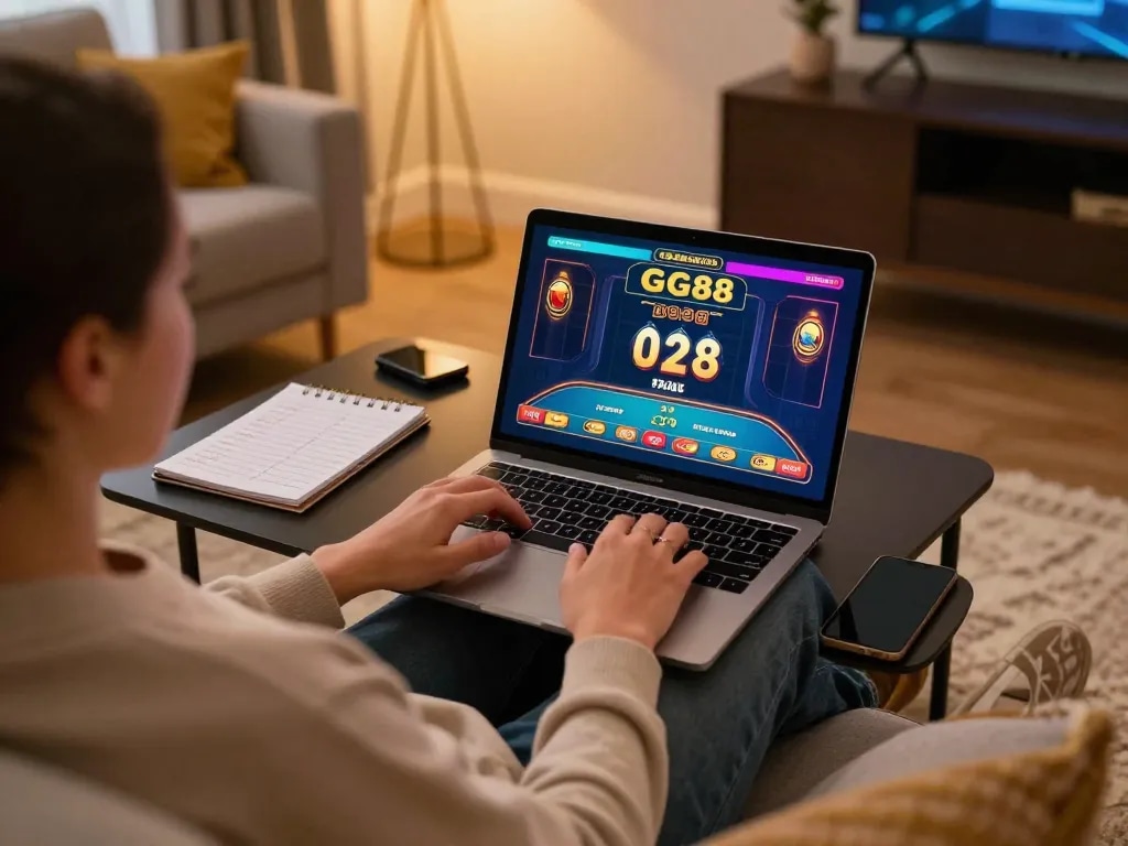 Engaging in online gambling with GG88 đăng nhập on a laptop in a cozy home setting