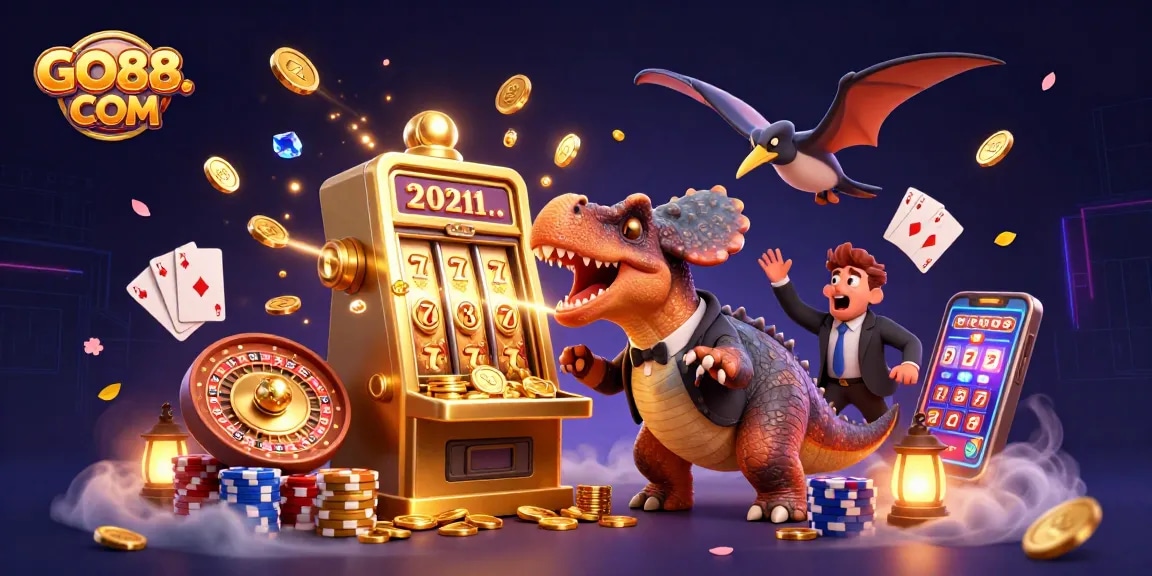 Experience thrilling wins at GO88. COM with illustrations of jackpot slots and animated casino action.