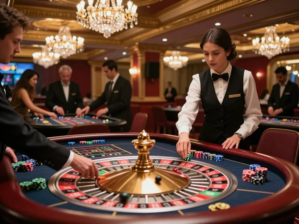 Engaged players at the roulette table in https://mm88.green/ casino, vibrant colors and excitement.