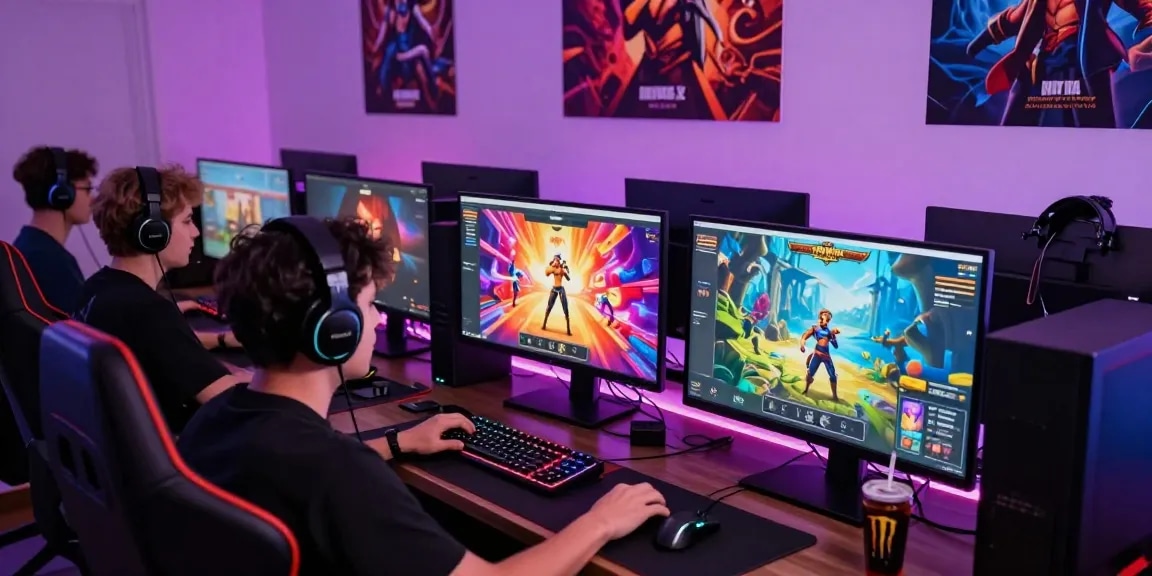 Engaging gamers playing interactive porn games html on multiple monitors with vibrant graphics and gaming setups.