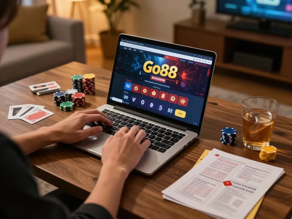 Engaging in online gambling at Go88 with poker chips and strategy notes in a cozy setting.