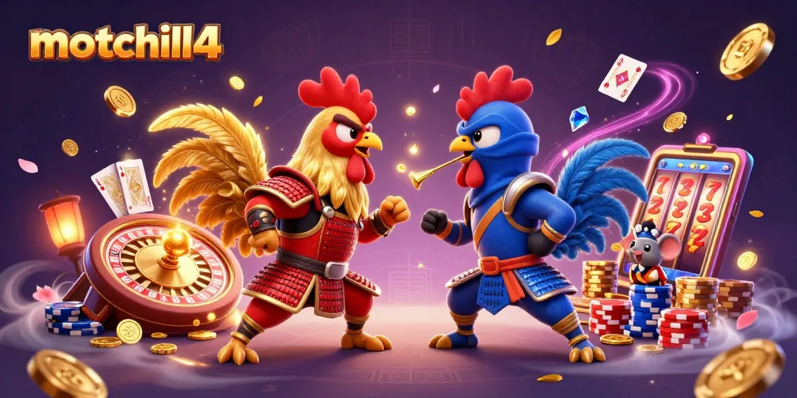 Experience the thrill of motchill4 with exciting casino games and animated roosters in a vibrant 3D scene.