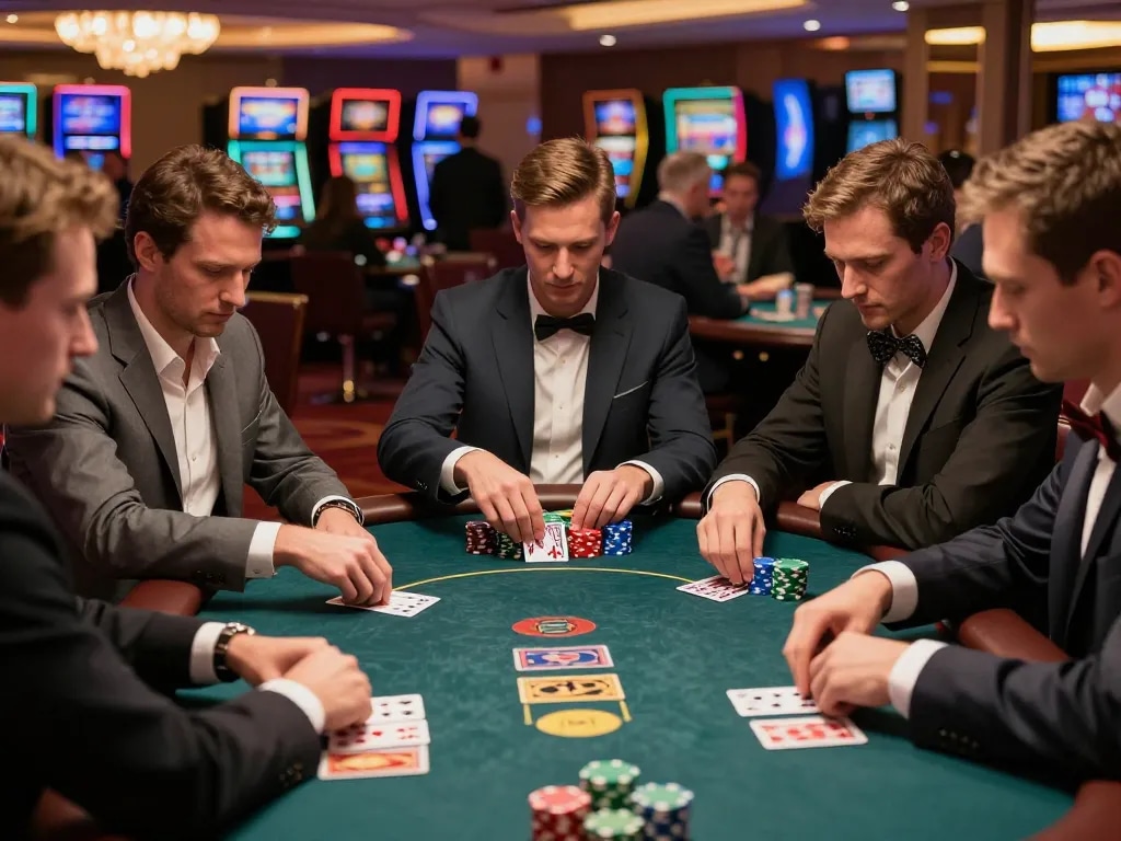 Engaging moment at LINK TR88 poker game showcasing players with chips and cards in upscale casino.