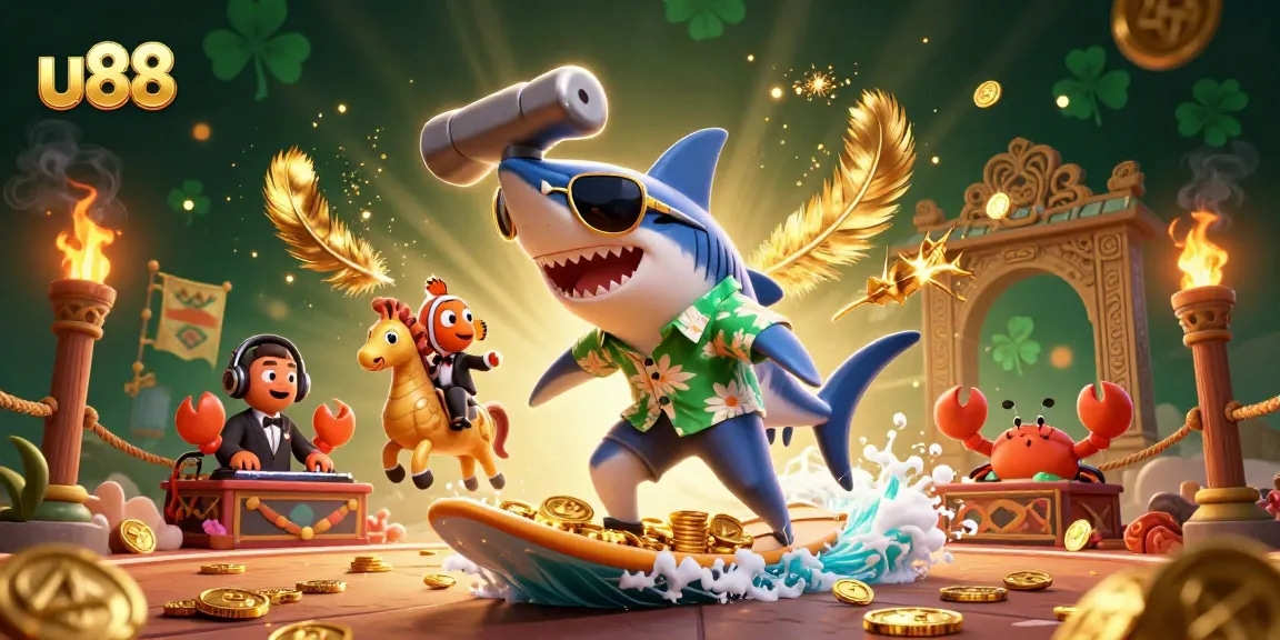Experience the thrilling world of u88 with a shark surfing gold coins among vibrant coral characters at an exciting casino event.