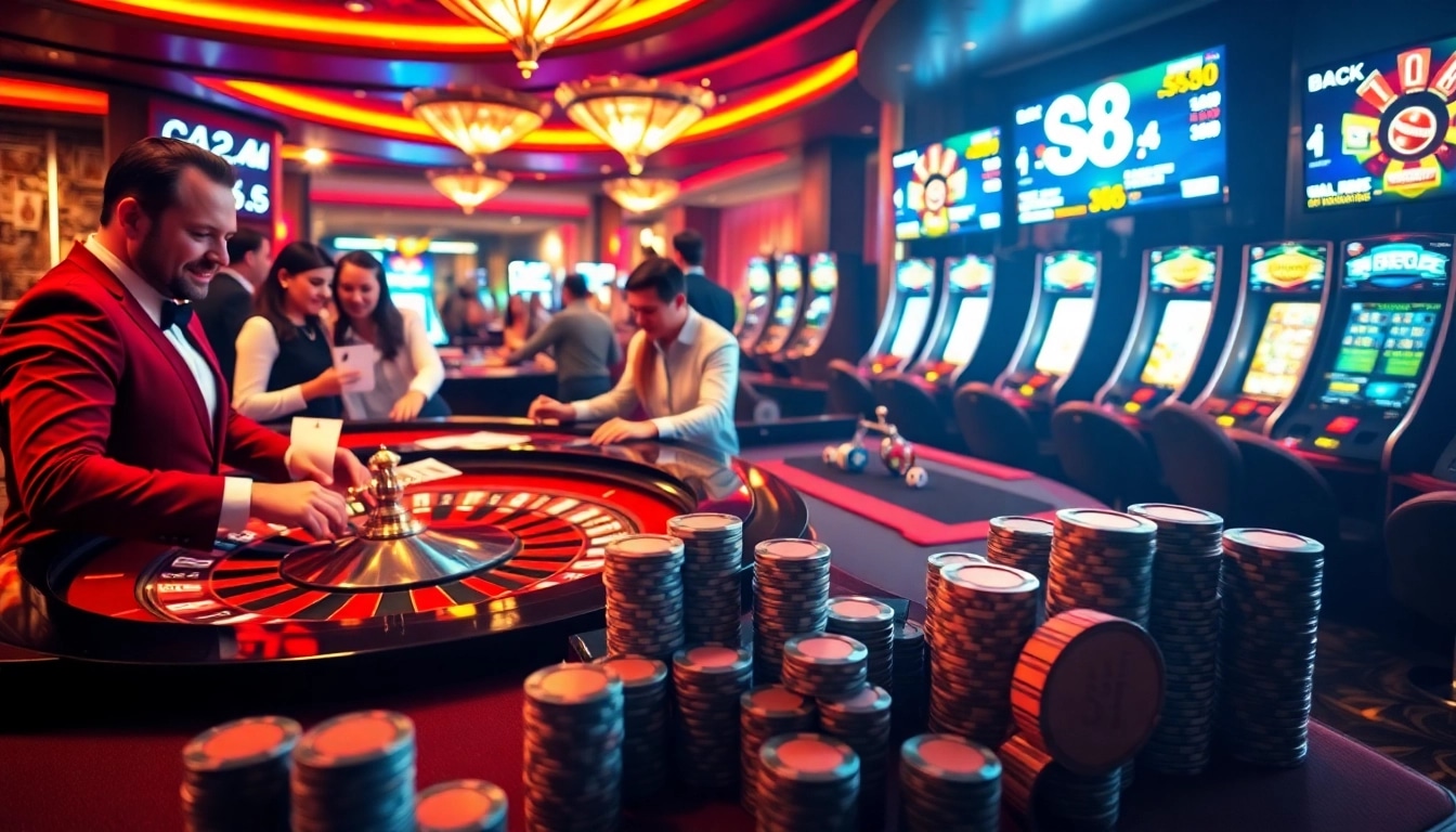 Experience thrilling gameplay at https://s8s.reviews/ with poker chips and roulette action in a vibrant casino.