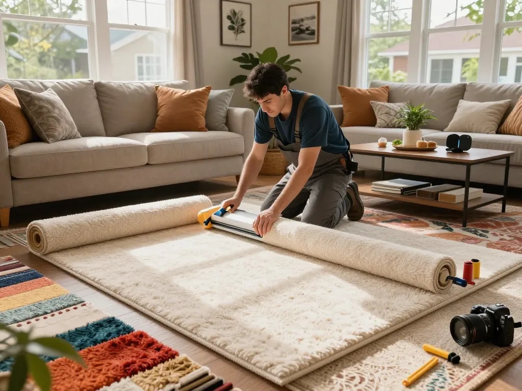 Home carpet fitting services in action with a professional installer transforming a cozy living room.
