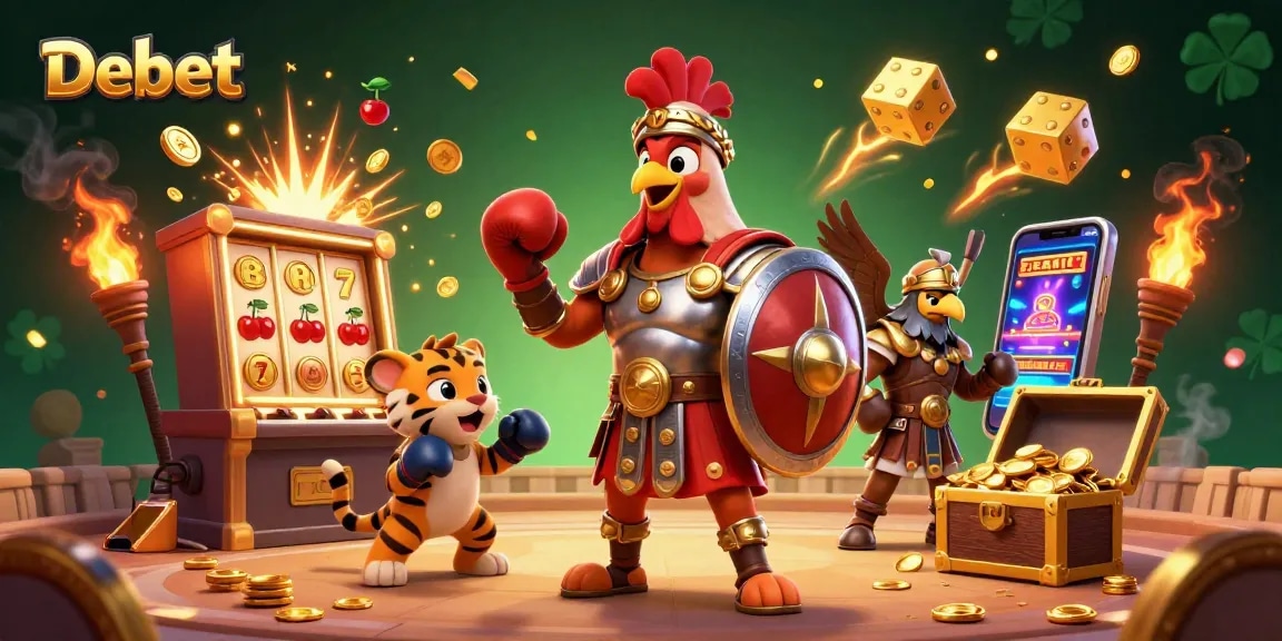 Experience incredible wins at Debet with a dynamic casino scene featuring a rooster champion and lively slots.