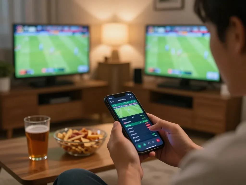 Home sports betting setup using kèo nhà cái app with live match displays, cozy and inviting atmosphere