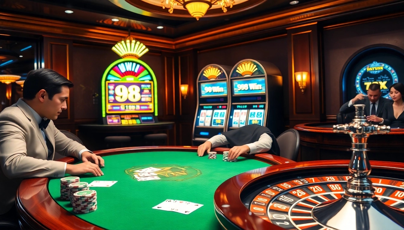 Experience excitement at the 98 win casino table with players and vibrant poker chips.