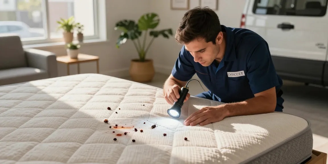 Expert technician providing bed bug control services in a Milwaukee apartment