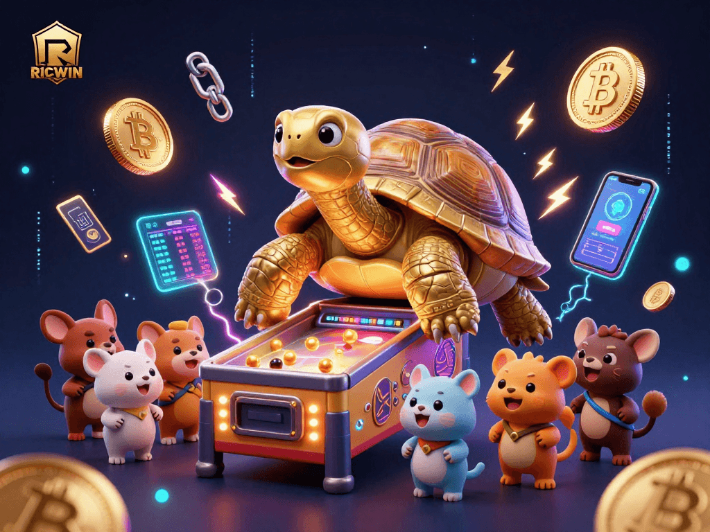 Play engaging games with RICWIN in this vibrant crypto-themed 3D casino illustration.