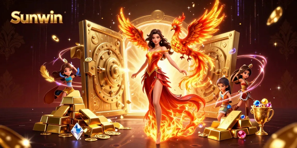 Sunwin features an Asian woman with fiery gown and phoenix amidst glowing treasures, capturing excitement.